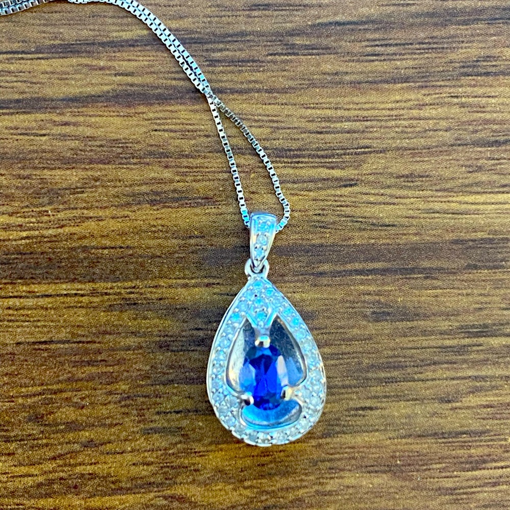 Sapphire Necklace With Diamond Accents - 10K White Gold
